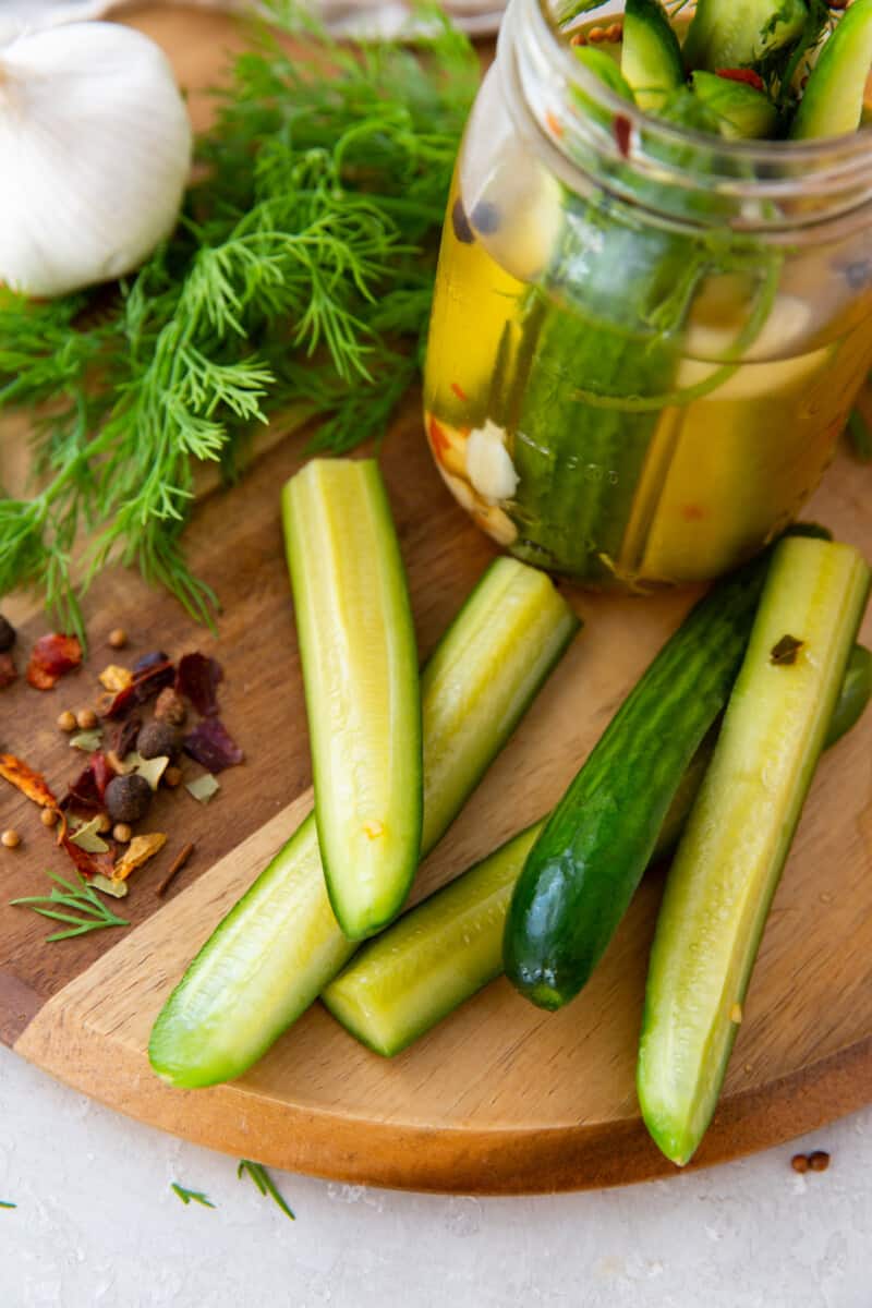 pickles on a wood serving board