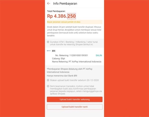 Setelah pesanan dibuat, Anda akan dikirimkan nomor rekening