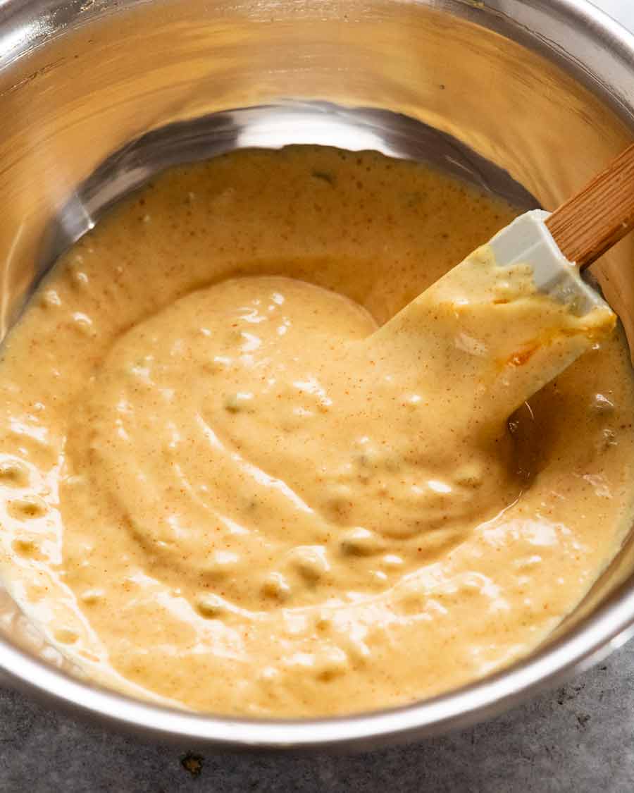 Special burger sauce for hamburgers in a mixing bowl ready for use