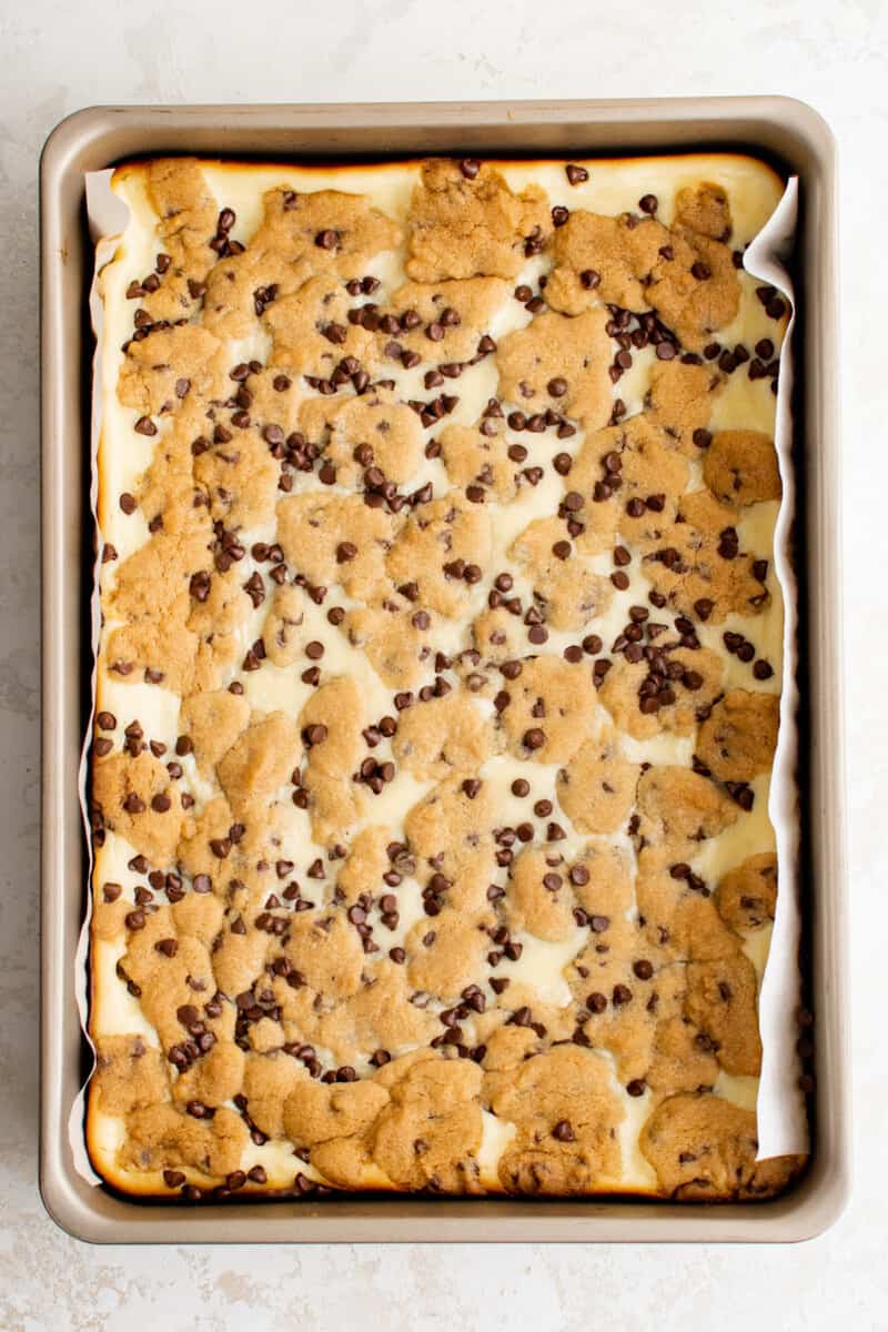chocolate chip cheesecake bars in a baking pan, baked but unsliced