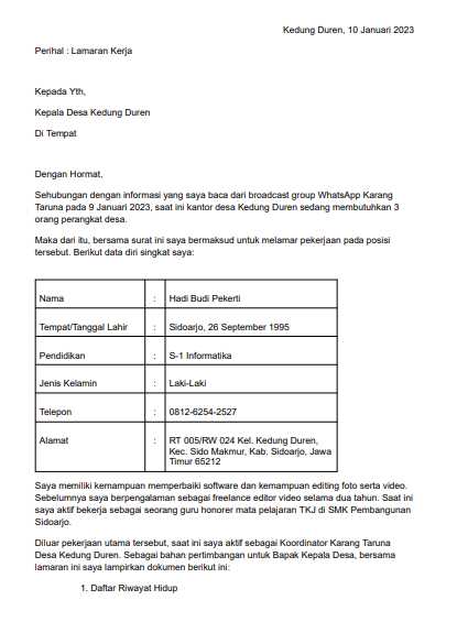 Surat Lamaran Kerja Perangkat Desa